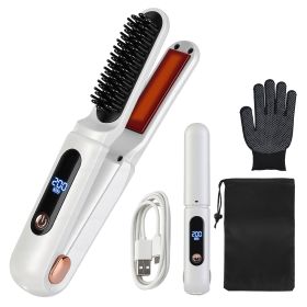 2 In 1 Ceramic Hair Straightener Flat Iron Cordless Hair Straightener Brush Hair Portable Styling Iron with Carry Bag Anti-scald Gloves 2 Hairpins (Color: White)