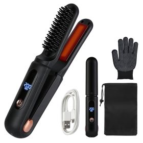 2 In 1 Ceramic Hair Straightener Flat Iron Cordless Hair Straightener Brush Hair Portable Styling Iron with Carry Bag Anti-scald Gloves 2 Hairpins (Color: BLACK)