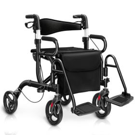 Folding Rollator Walker with 8-inch Wheels and Seat (Color: BLACK)